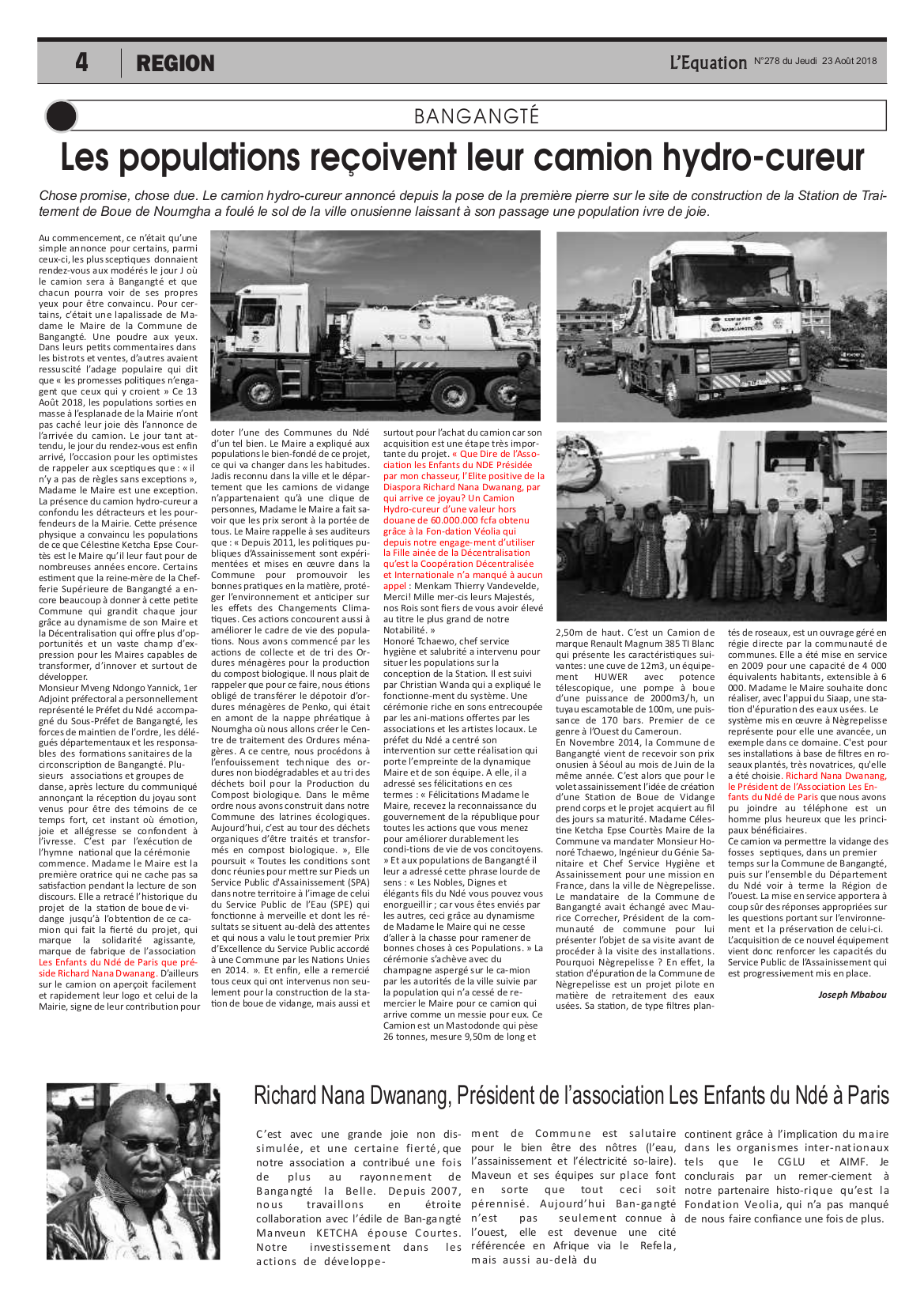 Article du journal L'Equation sur la réception du camion hydro-cureur